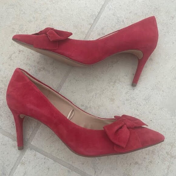 H&M Suede Court Shoes Red Bow Eur 37 US 6 3 inch heel pointed toe - Picture 2 of 6